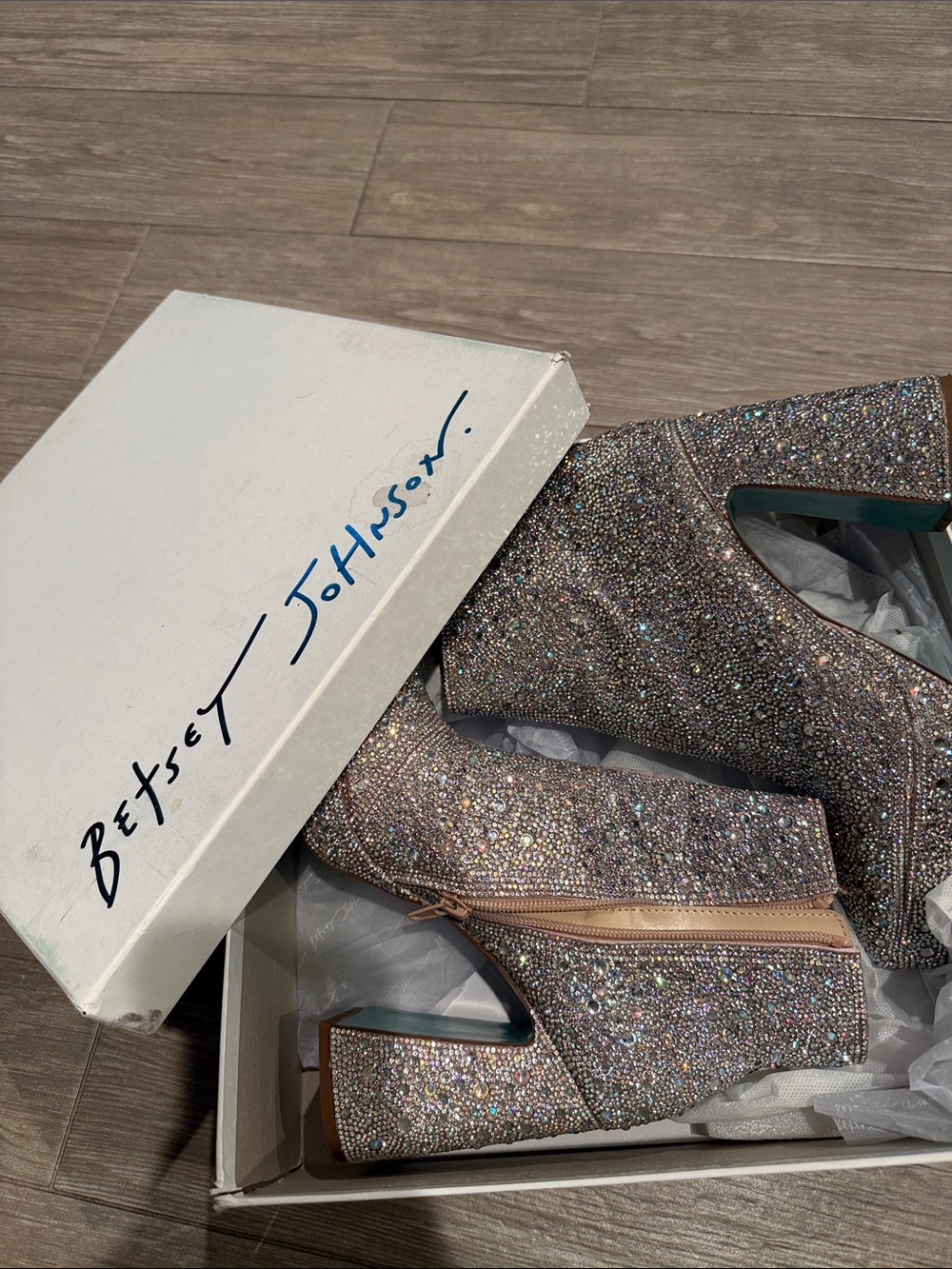 Betsey Johnson Glitter Crystal Platform Ankle Booties in Rose Gold